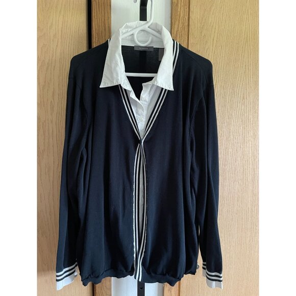 EUC Vintage Navy & White Cardigan With Striped Trim & Collared Shirt Layer - Picture 1 of 7